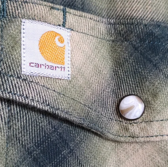 Carhartt Green Plaid Button-Up Shirt Pearl Snap Buttons - Picture 2 of 7